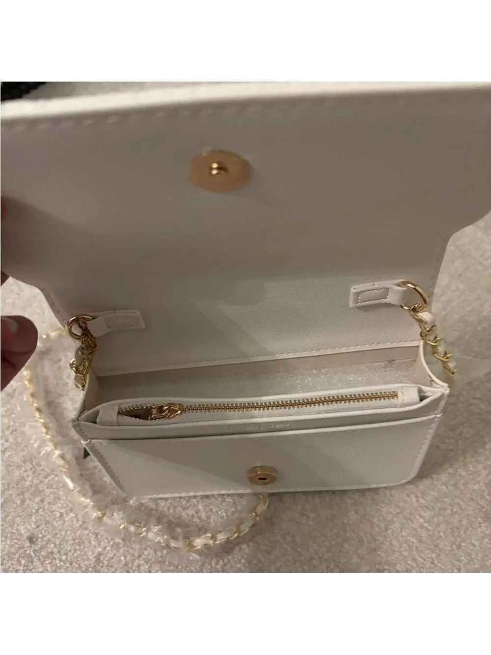 NWT Bebe Celia Monogram Flap Crossbody Bag White Gold Chain Small Purse